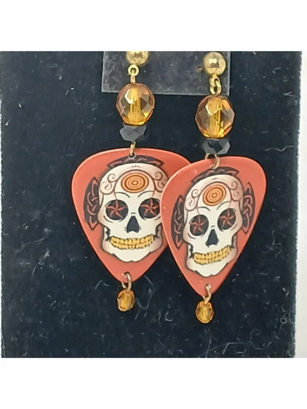 Sugar Skull Guitar Pick Earrings Dangle W/ Beads Halloween Orange Artisan #J-G